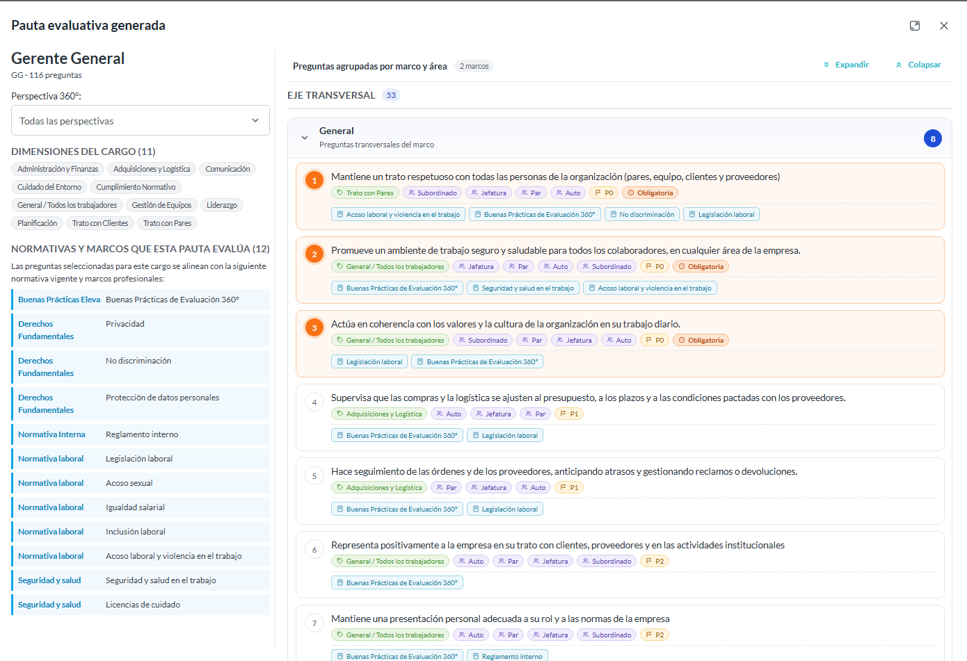 Pauta evaluativa generada para un cargo directivo: preguntas agrupadas por marco y área, cada una con su dimensión, perspectivas, prioridad y leyes.